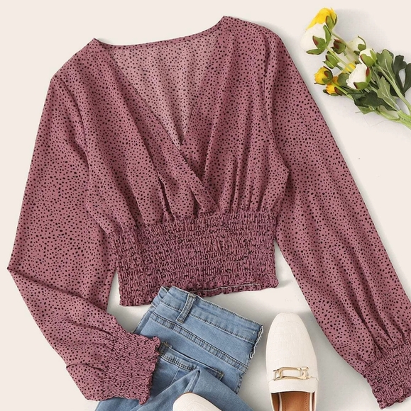SHEIN Tops - Shein Pink Speckled Print Smocked Wrap Top